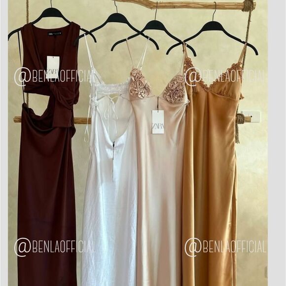 NWT ZARA CONTRASTING RUFFLES SATIN EFFECT DRESS gold/ champagne color - Picture 2 of 15